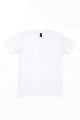 A plain white T-shirt with a tag and no visible designs or logos.