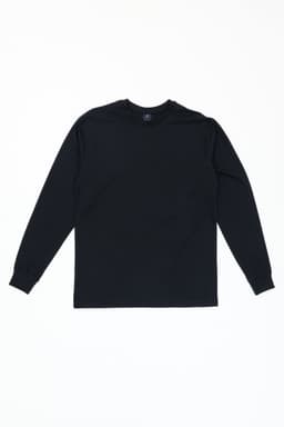 A black long sleeve tee with a plain design and a subtle logo near the neckline.