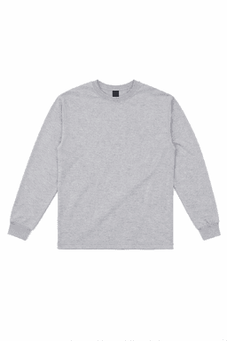 A long sleeve tee in grey, featuring a crew neck and wrist cuffs. Includes a branded label on the neckline.