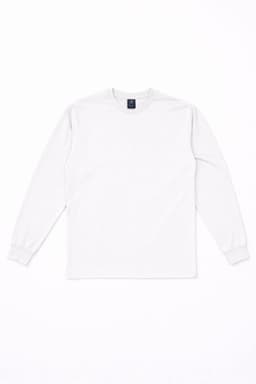 A white long sleeve T-shirt featuring a logo on the front. The shirt has a classic fit and ribbed cuffs.