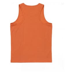 An orange youth singlet featuring a classic sleeveless design and a simple logo on the back.
