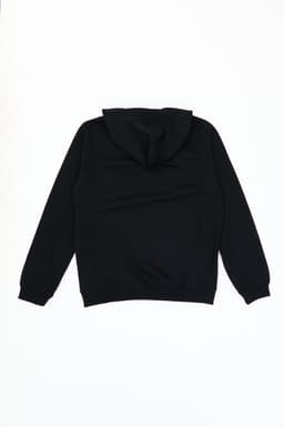 A black hoodie featuring a hood and ribbed cuffs, with a logo on the back.