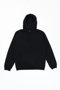 A black hoodie with a front pocket and a hood. The garment has a logo but no visible text.