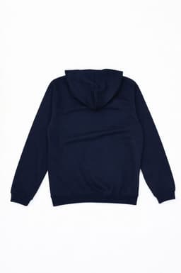 A navy hoodie with a hood and long sleeves, featuring a plain back and a branding logo.