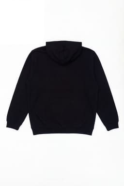 A black hoodie featuring a hood, with long sleeves and a plain back design. It has a branded logo.