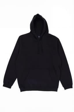 A black hoodie featuring a front pocket and a drawstring hood, with a logo on the front.