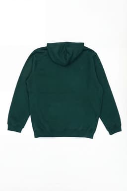A green hoodie featuring a hood and long sleeves, displayed from the back. It has a logo on the garment.
