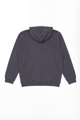 A grey hooded jumper with a clean design and a logo on the back. The jumper features long sleeves and a hood.