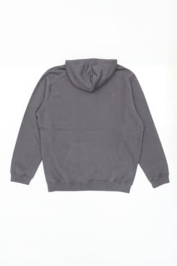 A grey hoodie with a kangaroo pocket and a hood. The back view displays a plain design with no features.