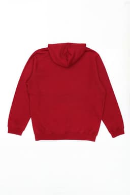 A red hoodie with a kangaroo pocket and a hood at the back, featuring a branding logo.