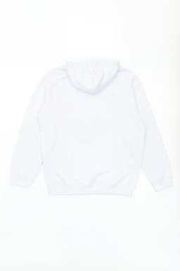 A white hoodie featuring a hood and a plain design, with a logo present.