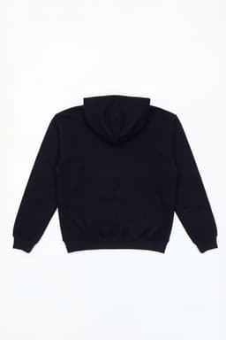 A black zip-up hoodie with a hood and ribbed cuffs displayed on a plain background. It features a logo.