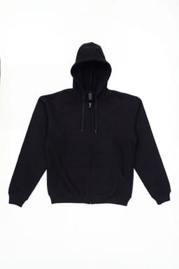 A black zip-up hoodie featuring a hood and long sleeves, with a branding logo present.