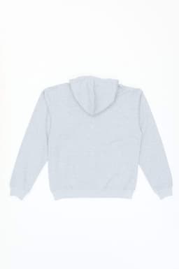 A grey zip hoodie featuring a hood and ribbed cuffs, with a branding logo on the garment.