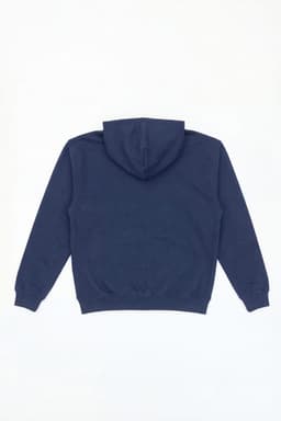A navy zip hoodie with a hood, featuring long sleeves and a simple design on the back.