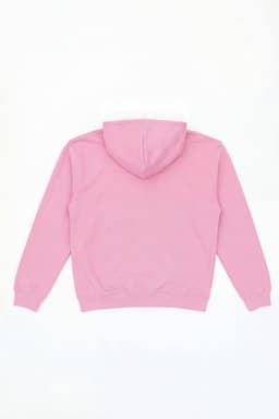 A pink hoodie with a kangaroo pocket and a drawstring hood, featuring a branding logo.