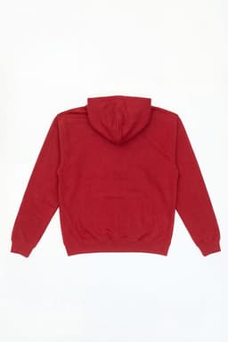 A red hoodie with a front pocket and a hood, featuring a logo on the back.