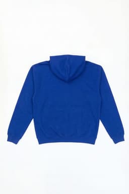 A blue hooded jumper with a kangaroo pocket and a drawstring hood, featuring a logo on the back.
