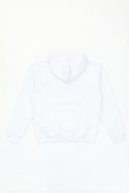 A white hoodie with a kangaroo pocket and a hood, featuring a logo.