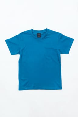 A blue youth essential T-shirt laid flat on a white background, featuring a logo on the neckline.