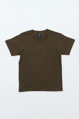 An olive green youth essential tee, featuring short sleeves and a crew neckline, with a logo tag.