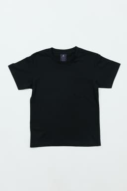 A black youth essential tee displayed flat, featuring a simple design and a branding logo on the label.