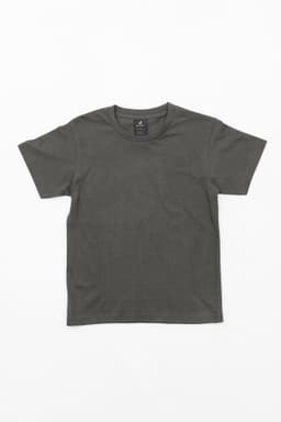 A green youth t-shirt with a round neckline and short sleeves, featuring a label on the inside.