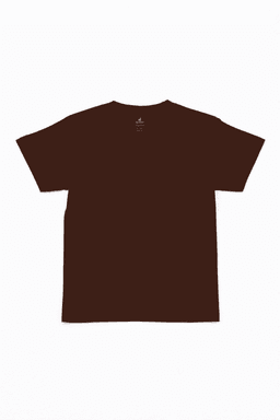 A brown youth essential t-shirt with a round neckline and short sleeves, featuring a logo on the back.