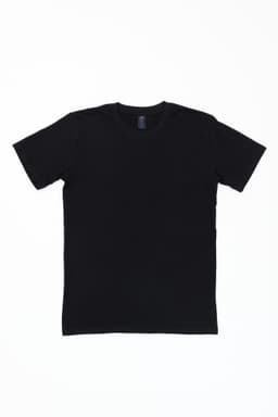 A plain black t-shirt featuring a crew neck and short sleeves, with a small logo on the tag.