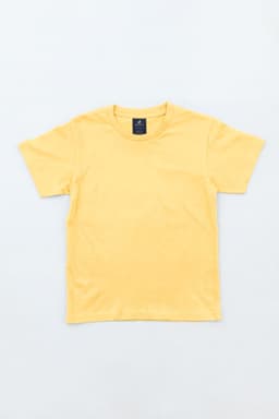 A yellow youth essential t-shirt displayed flat, featuring a branding label on the neckline.