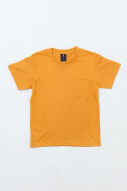 A bright orange youth essential tee with a classic crew neck and short sleeves. It features a logo on the inside.
