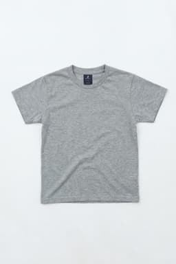 A grey youth essential tee shirt featuring a crew neck and short sleeves, with a logo on the label.