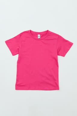 A bright pink Youth Essential Tee with short sleeves, featuring a simple design and a brand logo.