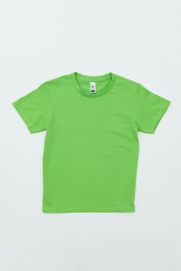 A bright green Youth Essential Tee with short sleeves, featuring a label and no graphics.