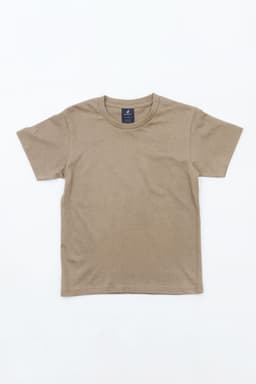 A tan youth t-shirt with short sleeves and a crew neck, featuring a logo on the label.