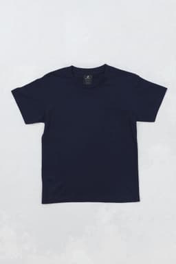 A navy blue t-shirt features short sleeves and a round neck, with a branding label inside.