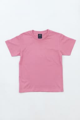 A pink youth t-shirt with short sleeves and a tag, featuring a simple design.