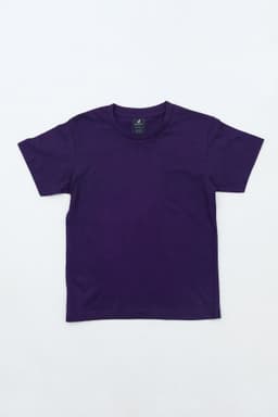 A purple youth essential tee with a classic crew neckline and short sleeves, featuring a logo inside the collar.