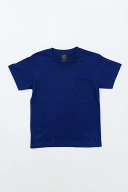 A blue youth essential tee with a crew neck and short sleeves. The shirt has a branding logo on the label.