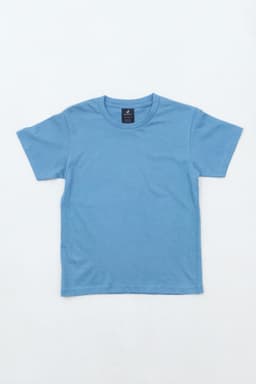 A light blue youth t-shirt with short sleeves and a round neck. The shirt features a logo.