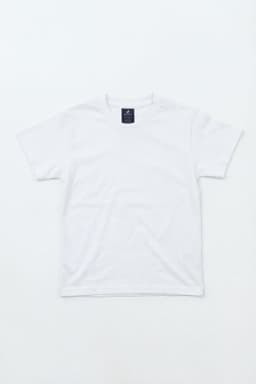 A white youth essential tee with a crew neckline and short sleeves, featuring a branded label.