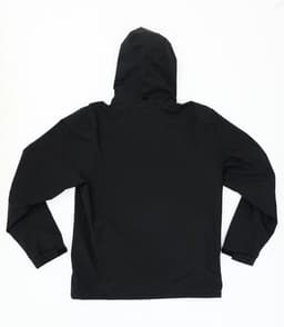 A black rain jacket with a hood, featuring long sleeves and a simple design. It has a logo on the back.