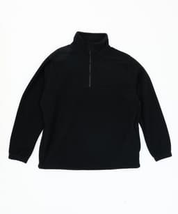 A black fleece jacket featuring a quarter zip and a high collar, with long sleeves and a simple design.