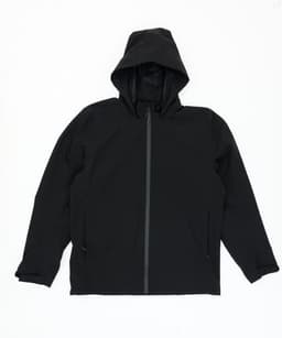 A black rain jacket with a hood, featuring a full front zip and side pockets, including a logo.