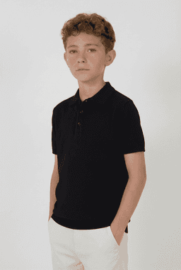A youth black polo shirt with a collar and short sleeves, featuring a logo on the left side.