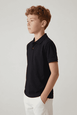 A youth polo shirt in navy blue, featuring a collar and a logo, displayed on a model with curly hair.