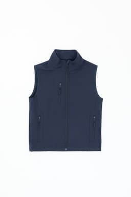 A navy softshell vest featuring a zip-up front and two zippered side pockets, with a logo on the design.