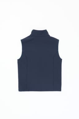 A navy softshell vest featuring a high collar and no sleeves, with a subtle branding logo.