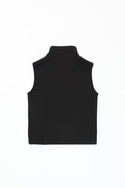 A black softshell vest with a high collar and a logo on the back, designed for youth.