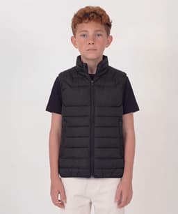 A youth black puffer vest with a zip front and two side pockets, featuring a logo on one side.